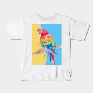 Parrot Watercolor Painting Macaw - on blue and yellow Kids T-Shirt